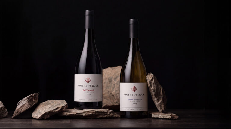 Prophet's Rock red and white vermouth bottles among schist rocks